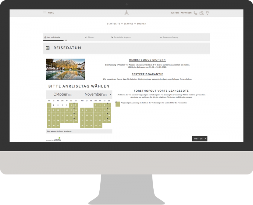 vioma Booking Buchungsstrecke als Demo auf der Website vom Hotel Forsthofgut