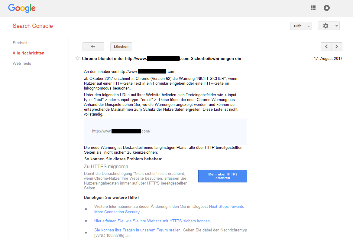 Google Search Console Hinweis: Unverschlüsselte Seiten ab Chrome 62 werden ab Oktober 2017 als Nicht Sicher markiert