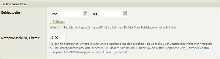 Screenshot der Gruppe Betriebszeiten in den Bestandsdaten