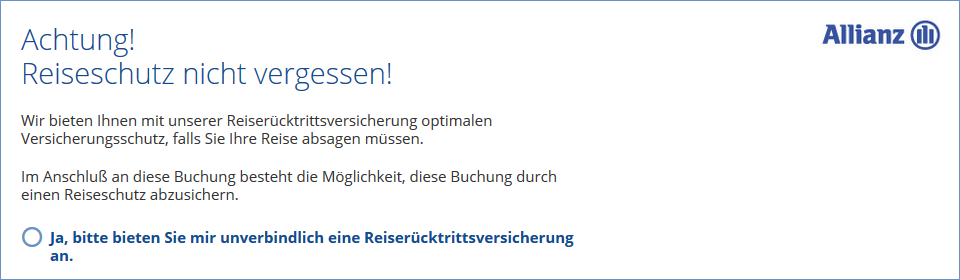 Screenshot der Ansicht in der Buchungsstrecke