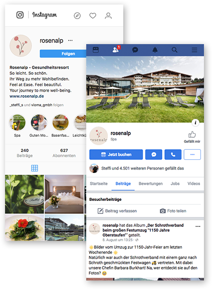 Screenshots von Instagram und Facebook zum Hotel Rosenalp