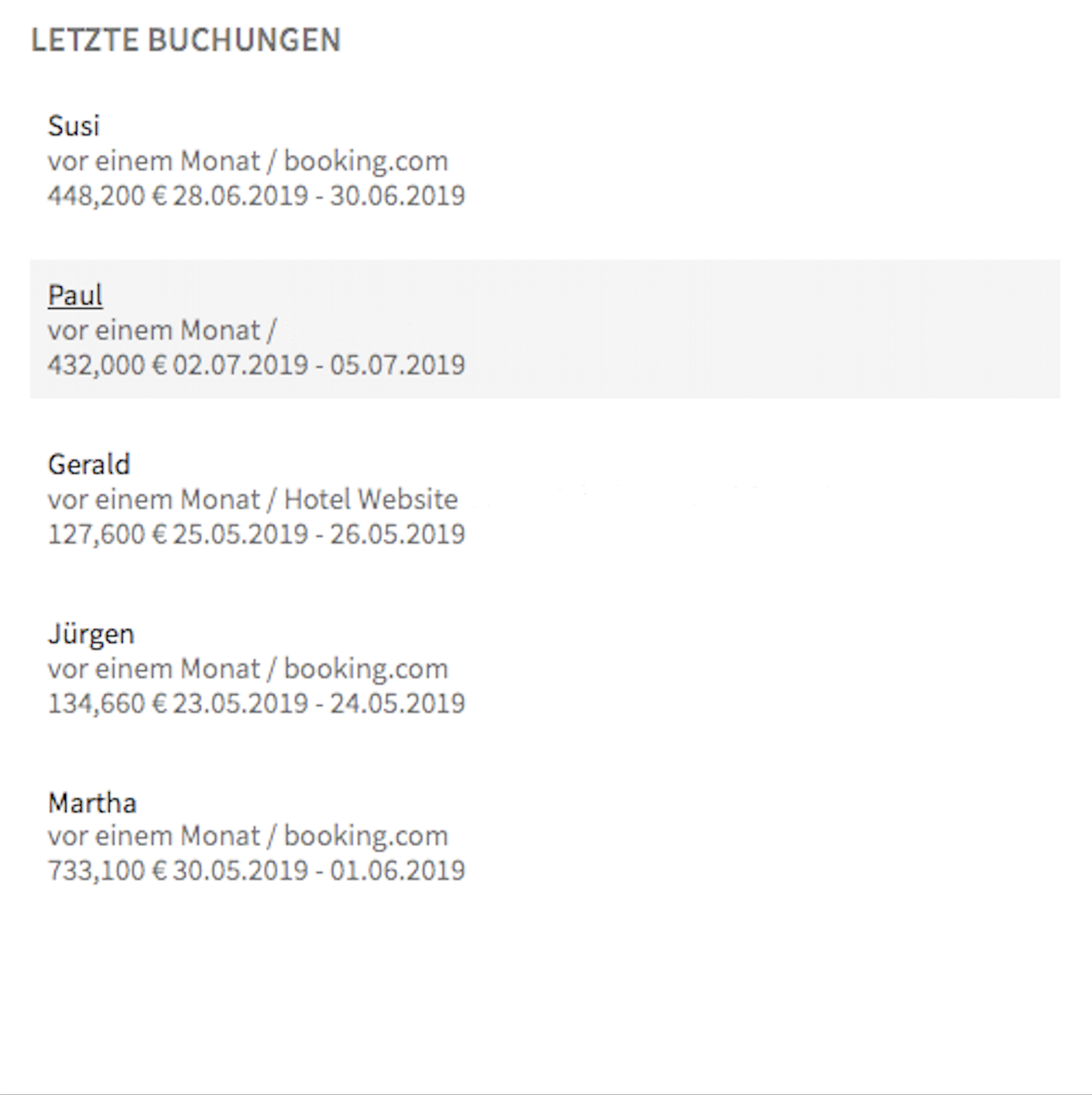 Letzte Buchungen in Dashboard