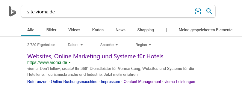 Bing Suchergebnis site:-Abfrage Beispiel