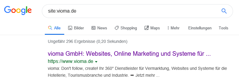 Google Suchergebnis site:-Abfrage Beispiel